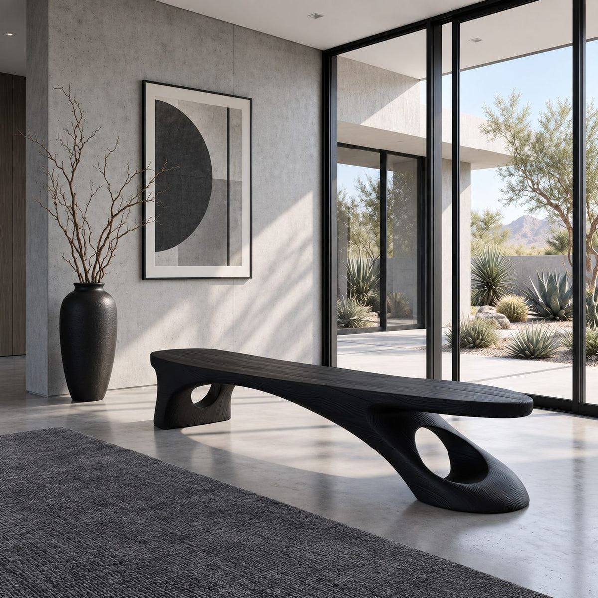 Pierced Leg Sculptural Bench, Long Solid Wood Slab Bench with Oval Openings in Organic Legs
