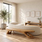 Pierced Leg Sculptural Bench, Long Solid Wood Slab Bench with Oval Openings in Organic Legs