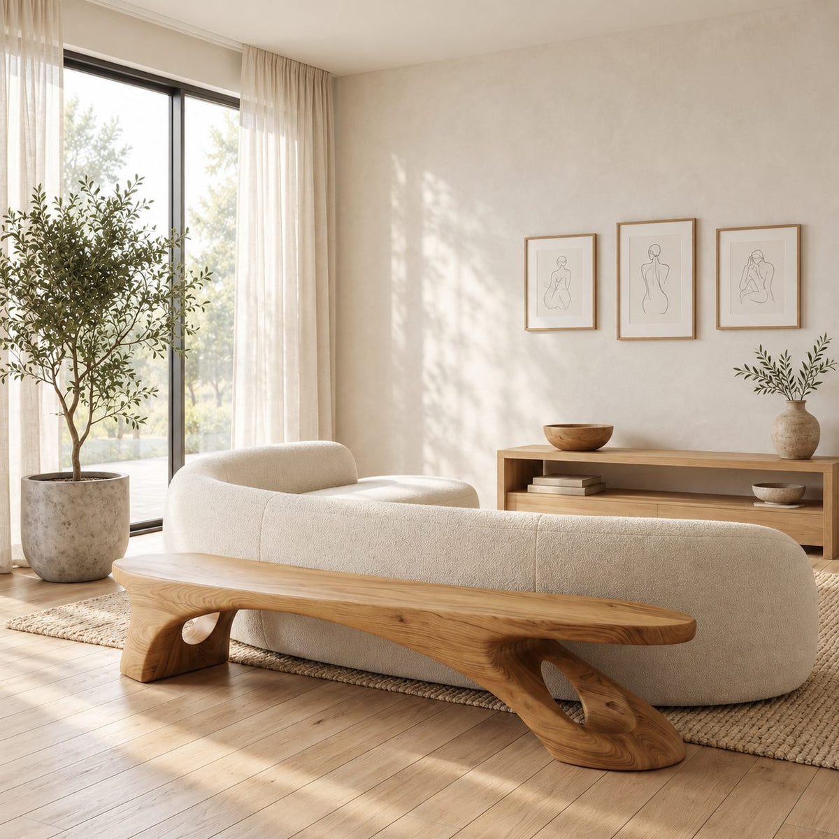 Pierced Leg Sculptural Bench, Long Solid Wood Slab Bench with Oval Openings in Organic Legs