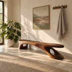 Pierced Leg Sculptural Bench, Long Solid Wood Slab Bench with Oval Openings in Organic Legs