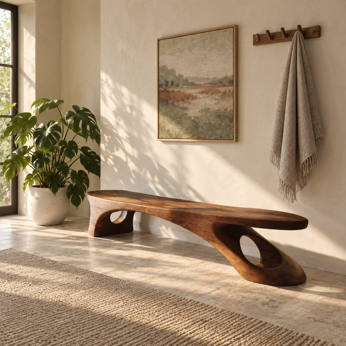 Pierced Leg Sculptural Bench, Long Solid Wood Slab Bench with Oval Openings in Organic Legs