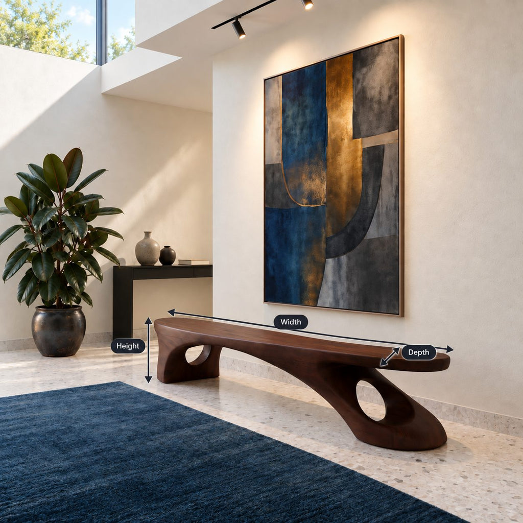 Pierced Leg Sculptural Bench, Long Solid Wood Slab Bench with Oval Openings in Organic Legs