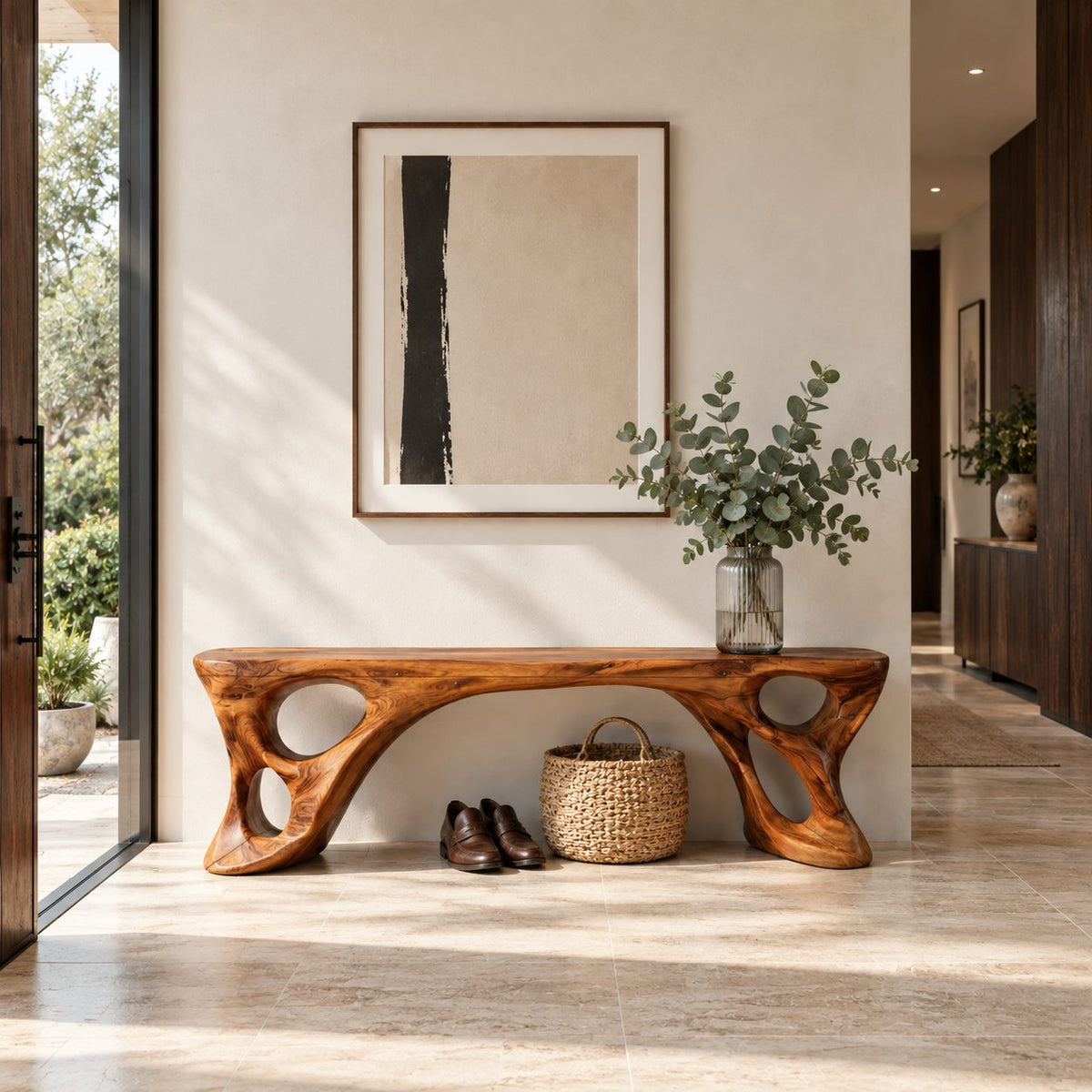 Coral Cutout Carved Bench, Artistic Solid Wood Entryway Bench with Open Flowing Legs