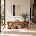 Coral Cutout Carved Bench, Artistic Solid Wood Entryway Bench with Open Flowing Legs