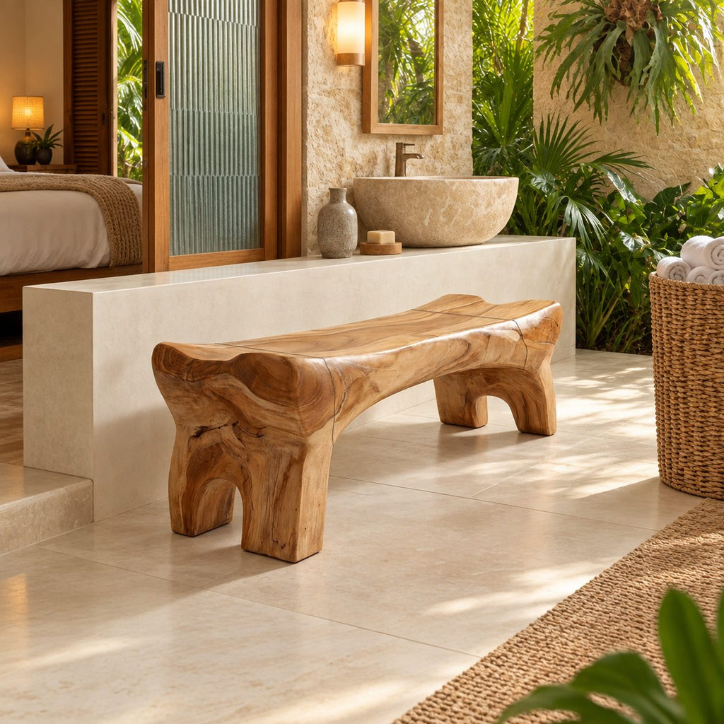 Chunky Carved Spa Bench, Solid Wood Bathroom and Shower Bench with Arched Sculpted Legs