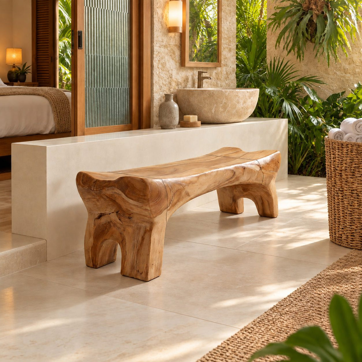 Chunky Carved Spa Bench, Solid Wood Bathroom and Shower Bench with Arched Sculpted Legs