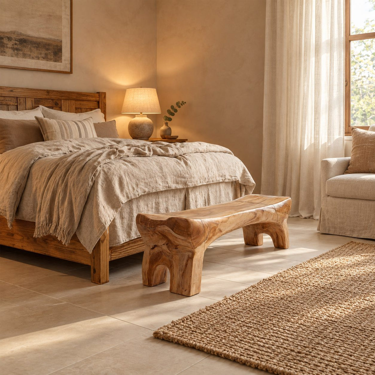 Chunky Carved Spa Bench, Solid Wood Bathroom and Shower Bench with Arched Sculpted Legs