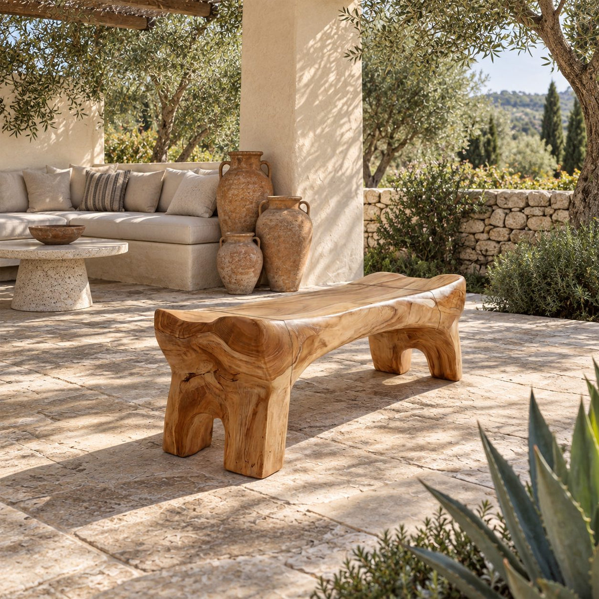 Chunky Carved Spa Bench, Solid Wood Bathroom and Shower Bench with Arched Sculpted Legs