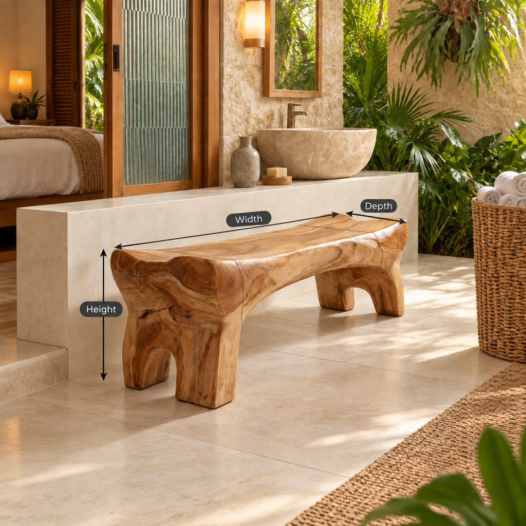 Chunky Carved Spa Bench, Solid Wood Bathroom and Shower Bench with Arched Sculpted Legs