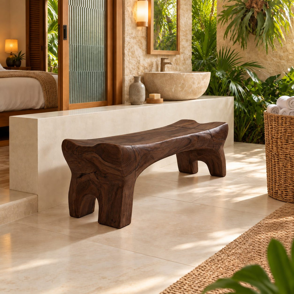 Chunky Carved Spa Bench, Solid Wood Bathroom and Shower Bench with Arched Sculpted Legs