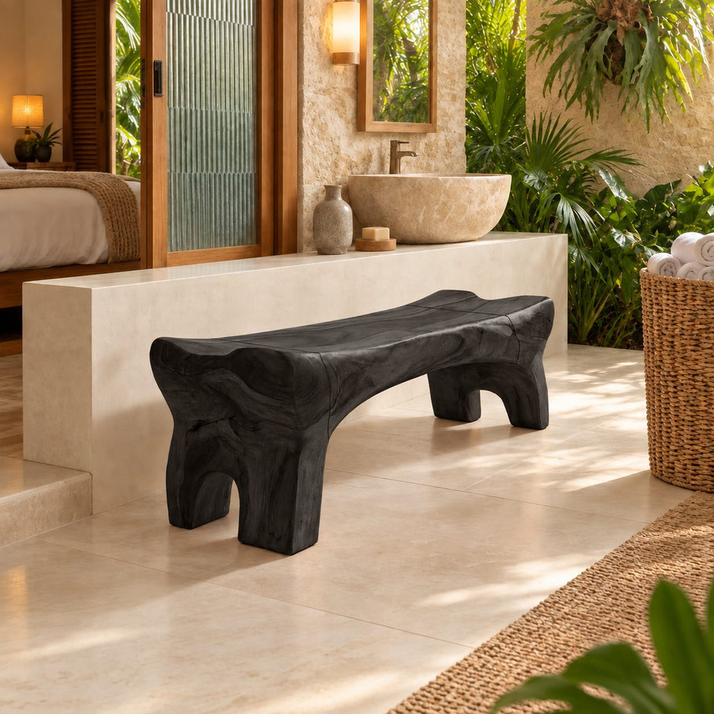 Chunky Carved Spa Bench, Solid Wood Bathroom and Shower Bench with Arched Sculpted Legs