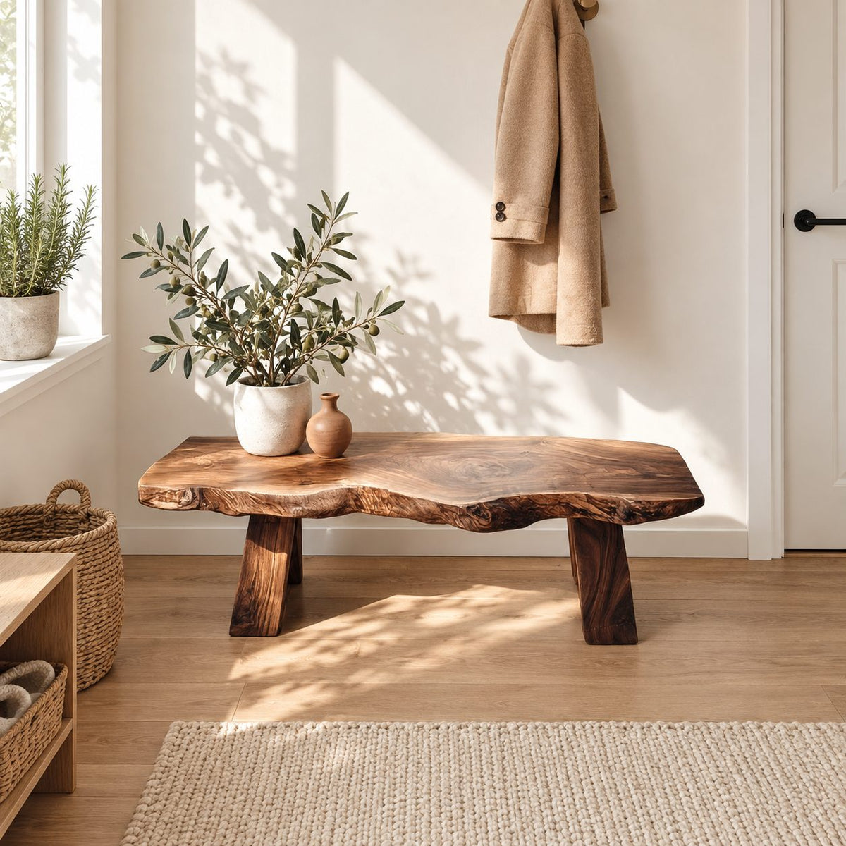 Tapered Block Leg Live Edge Bench, Rustic Solid Wood Slab Entryway Bench that Takes Apart