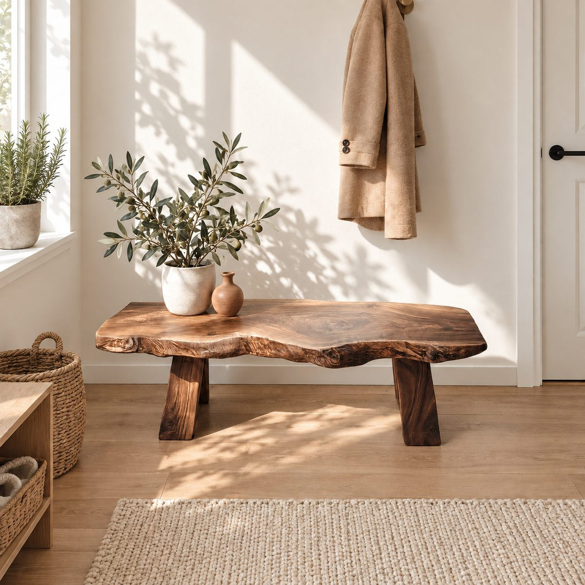 Tapered Block Leg Live Edge Bench, Rustic Solid Wood Slab Entryway Bench that Takes Apart