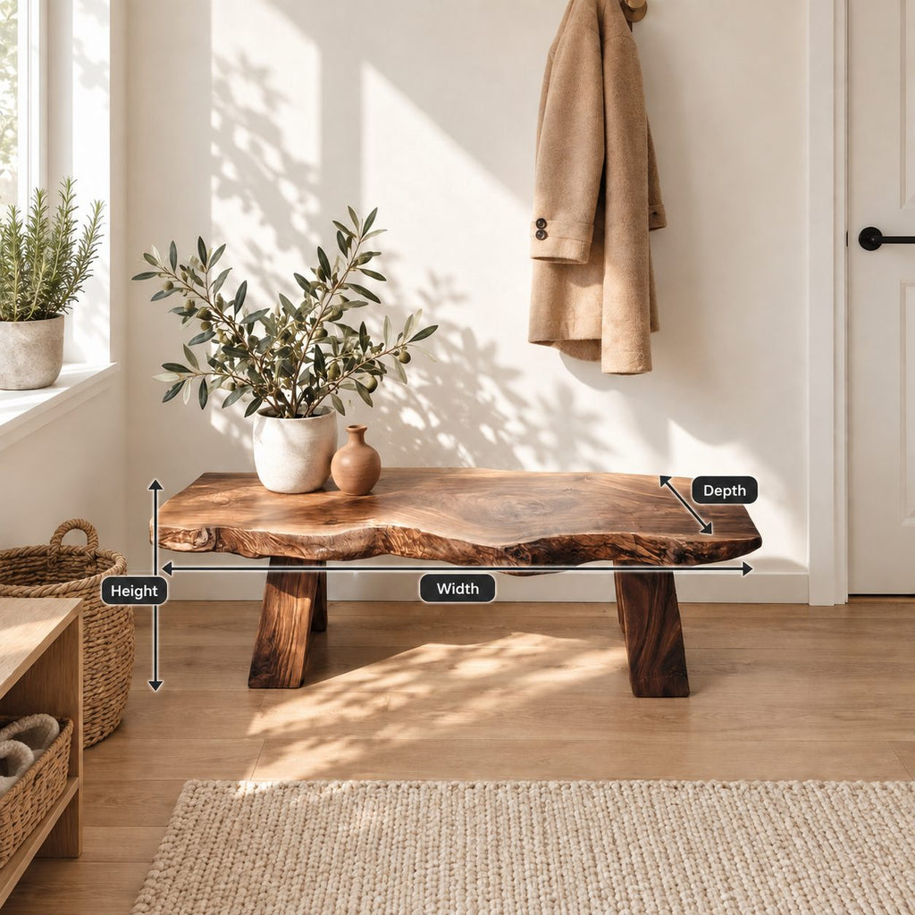 Tapered Block Leg Live Edge Bench, Rustic Solid Wood Slab Entryway Bench that Takes Apart