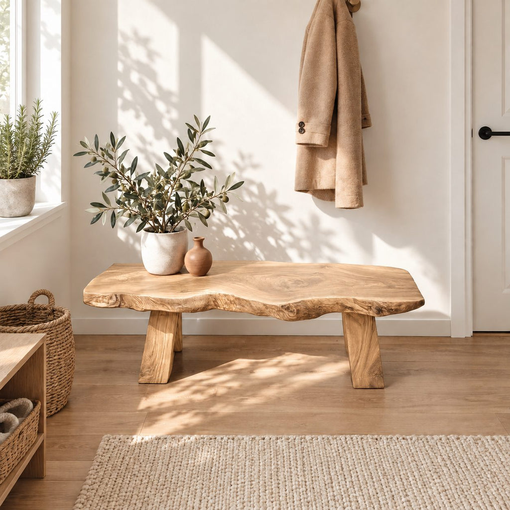 Tapered Block Leg Live Edge Bench, Rustic Solid Wood Slab Entryway Bench that Takes Apart