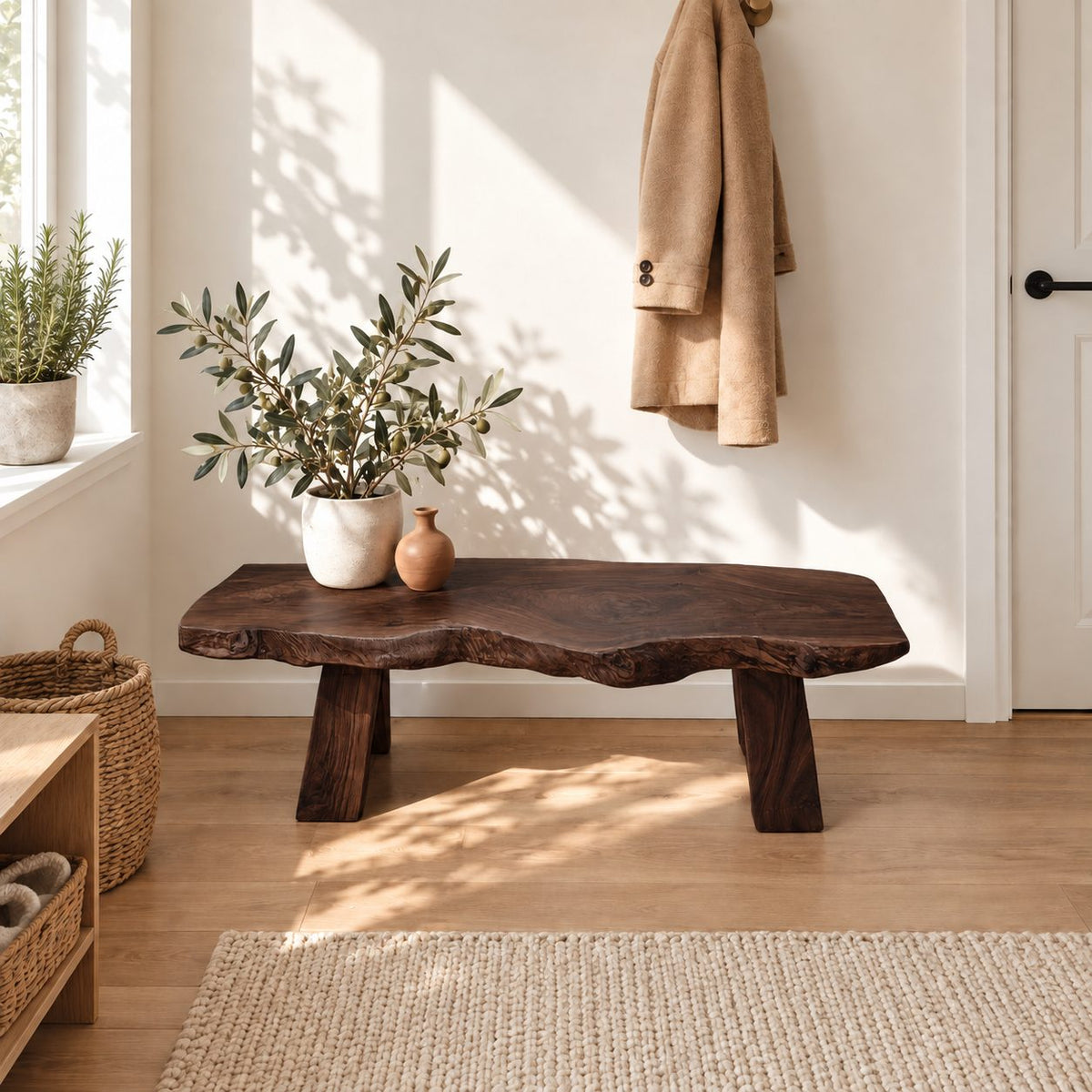 Tapered Block Leg Live Edge Bench, Rustic Solid Wood Slab Entryway Bench that Takes Apart