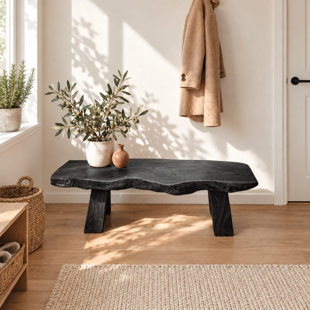 Tapered Block Leg Live Edge Bench, Rustic Solid Wood Slab Entryway Bench that Takes Apart