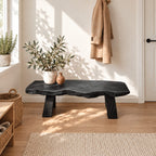 Tapered Block Leg Live Edge Bench, Rustic Solid Wood Slab Entryway Bench that Takes Apart