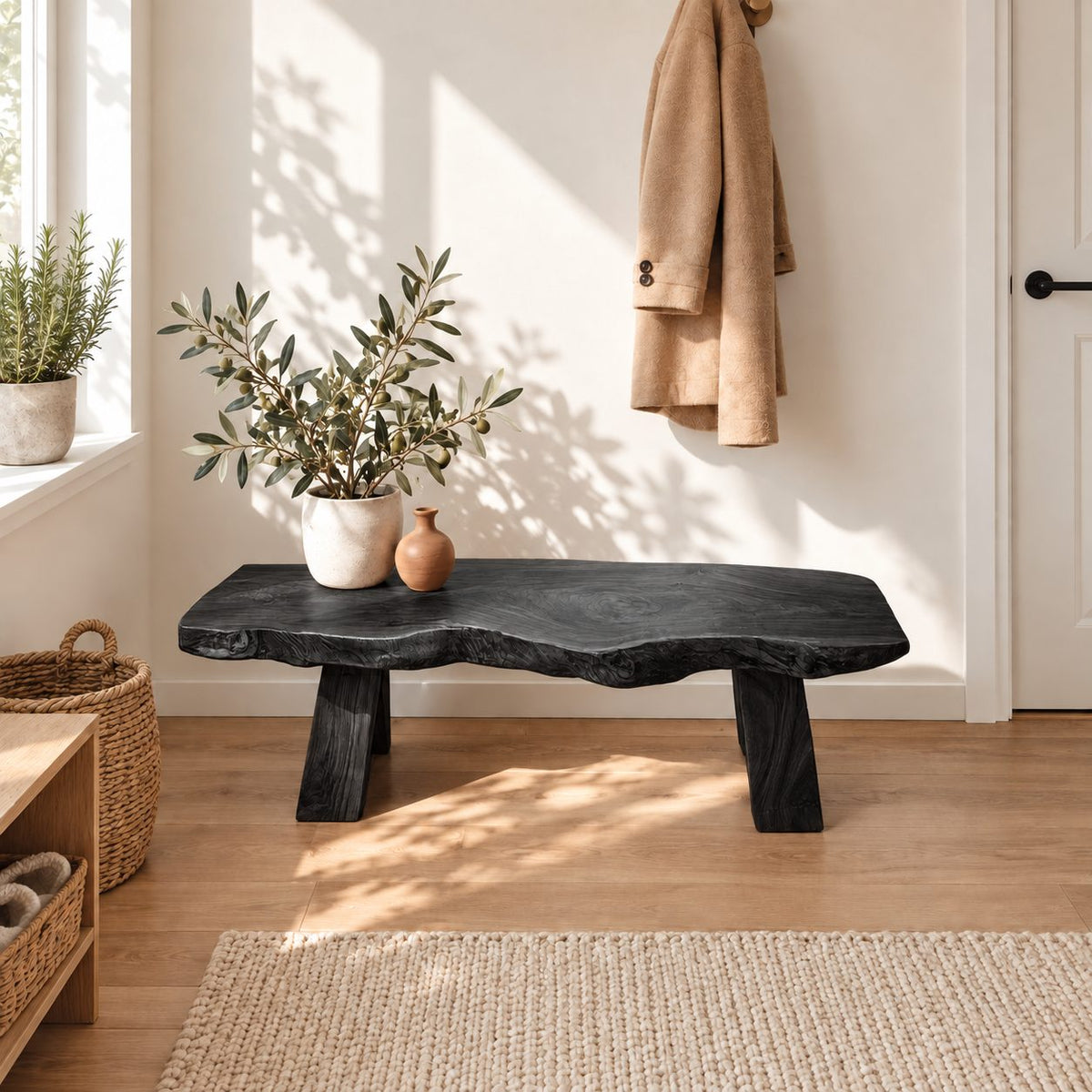 Tapered Block Leg Live Edge Bench, Rustic Solid Wood Slab Entryway Bench that Takes Apart