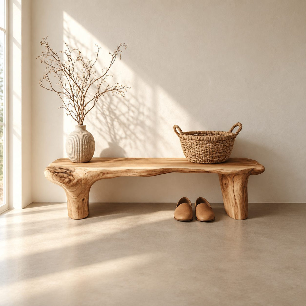 Log Leg Live Edge Bench, Rustic Natural Solid Wood Slab Bench for Entryway, Hallway or Bedroom
