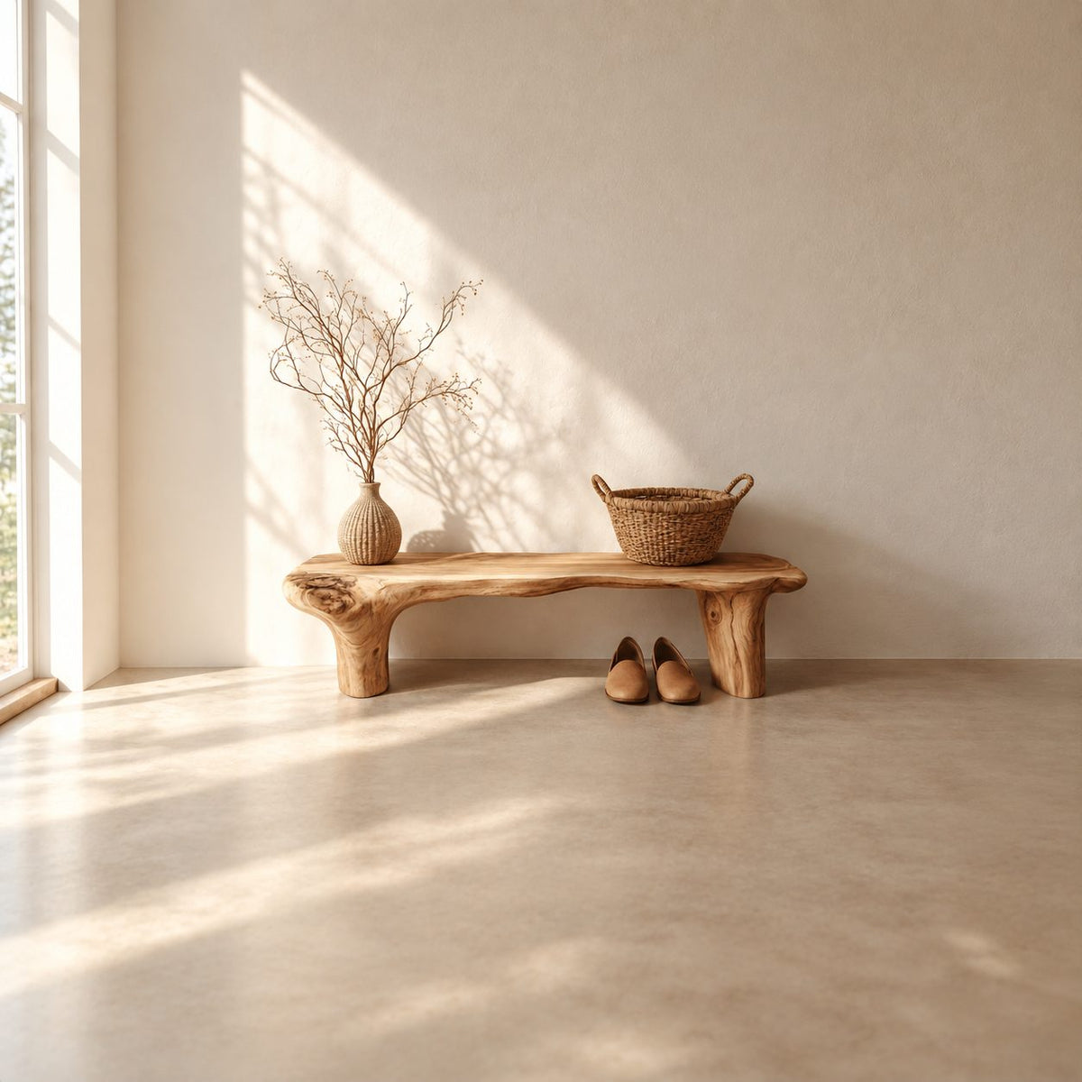 Log Leg Live Edge Bench, Rustic Natural Solid Wood Slab Bench for Entryway, Hallway or Bedroom