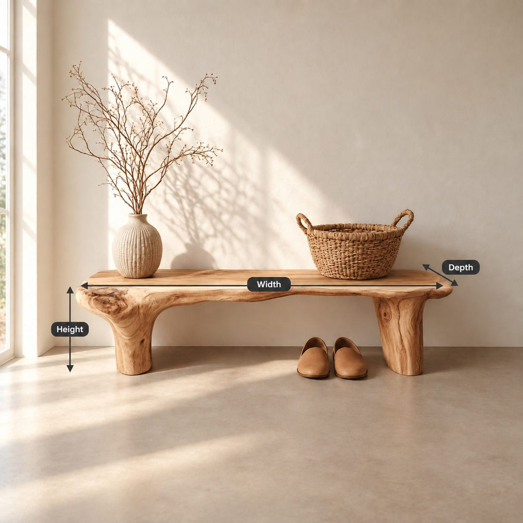 Log Leg Live Edge Bench, Rustic Natural Solid Wood Slab Bench for Entryway, Hallway or Bedroom