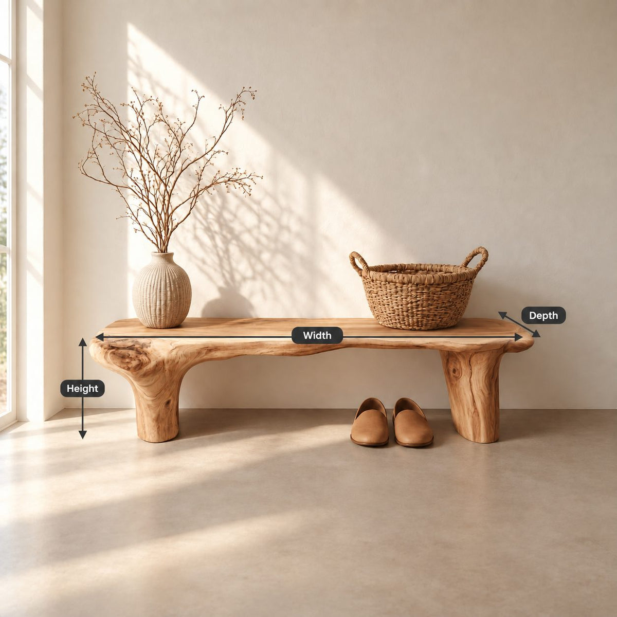 Log Leg Live Edge Bench, Rustic Natural Solid Wood Slab Bench for Entryway, Hallway or Bedroom