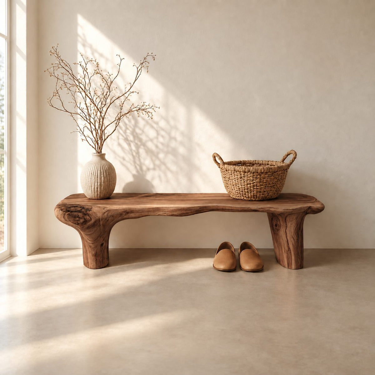 Log Leg Live Edge Bench, Rustic Natural Solid Wood Slab Bench for Entryway, Hallway or Bedroom