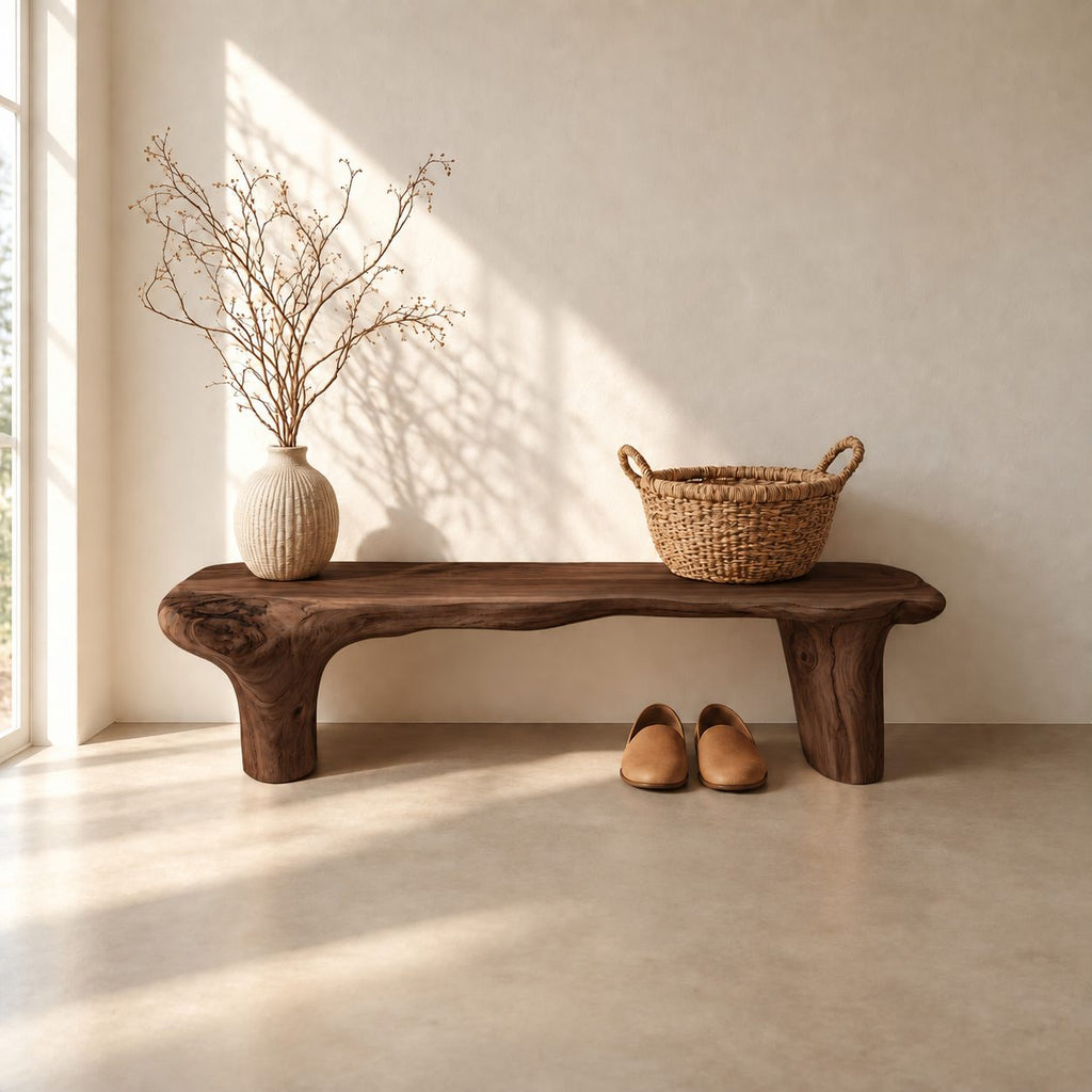 Log Leg Live Edge Bench, Rustic Natural Solid Wood Slab Bench for Entryway, Hallway or Bedroom