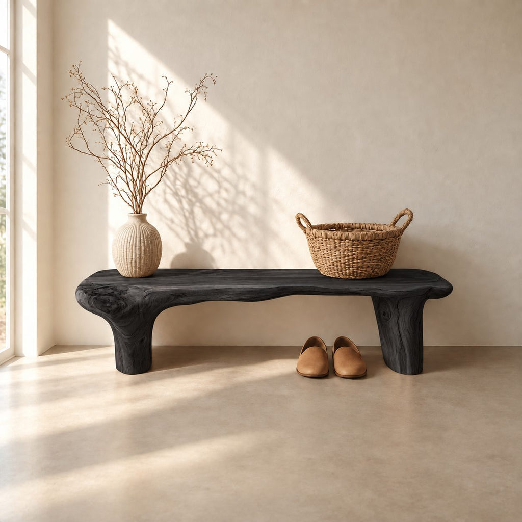 Log Leg Live Edge Bench, Rustic Natural Solid Wood Slab Bench for Entryway, Hallway or Bedroom
