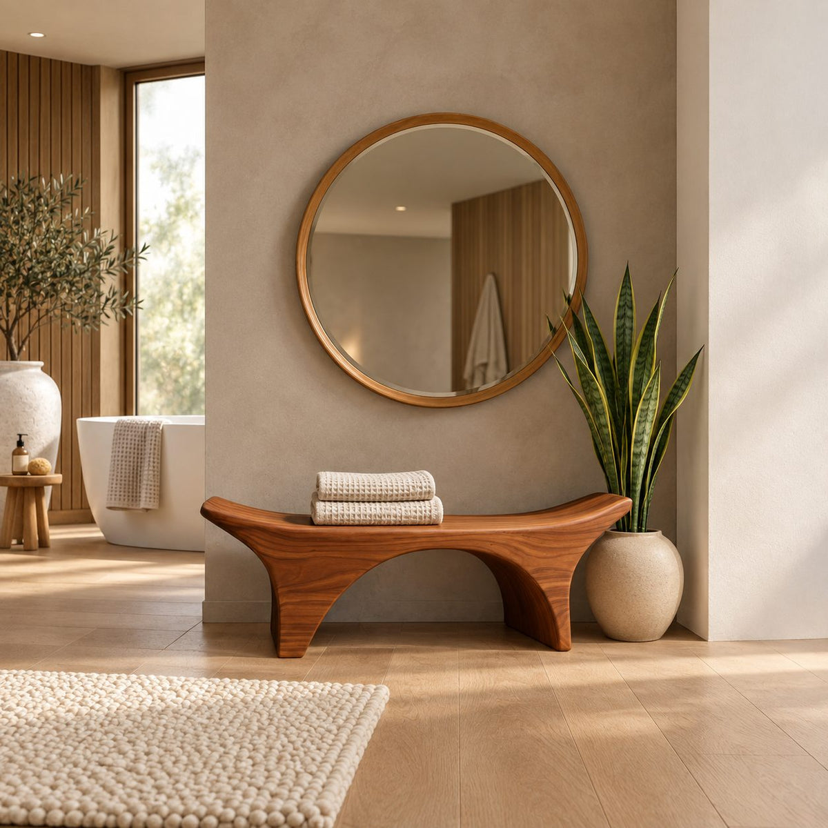 Curved Saddle Top Spa Bench, Solid Wood Bathroom and Shower Seat with Arched Base