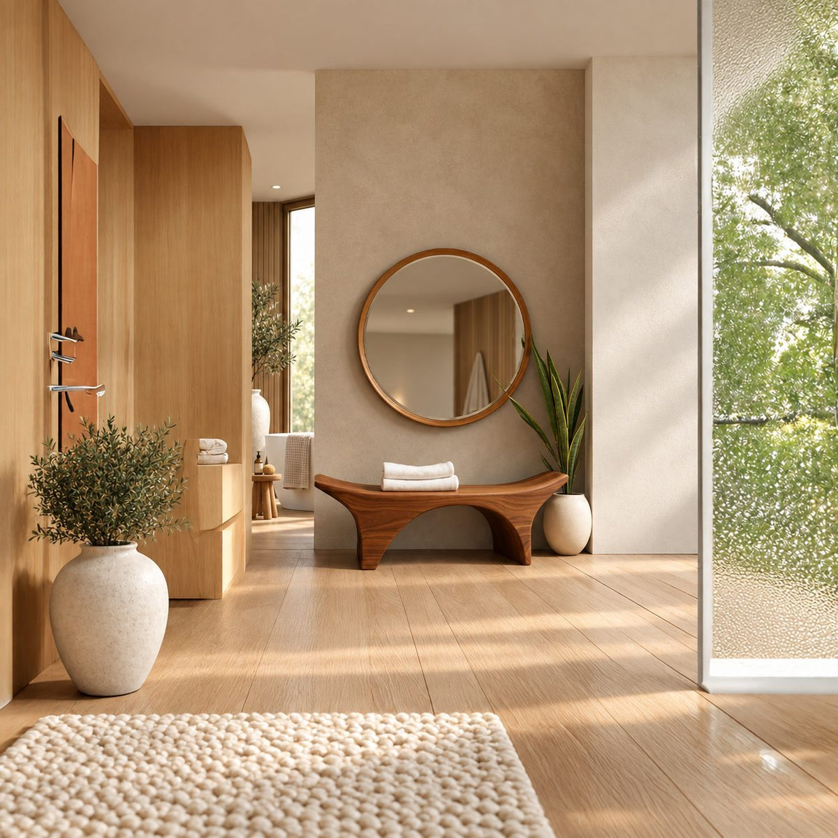Curved Saddle Top Spa Bench, Solid Wood Bathroom and Shower Seat with Arched Base
