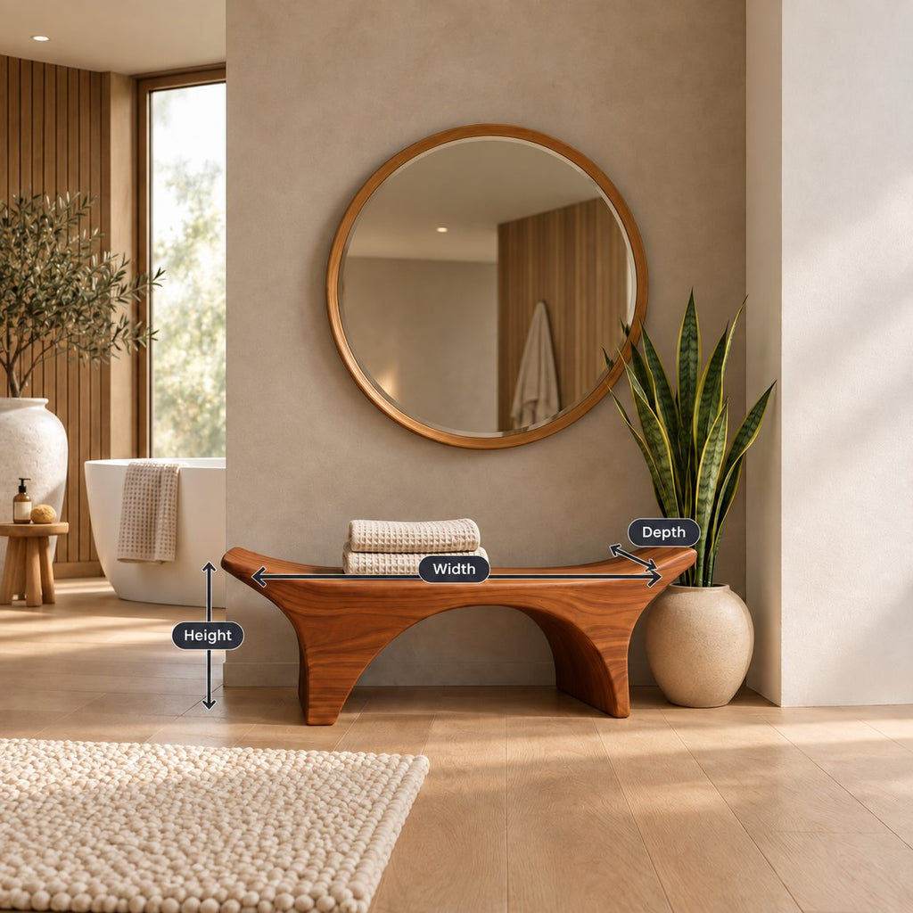 Curved Saddle Top Spa Bench, Solid Wood Bathroom and Shower Seat with Arched Base