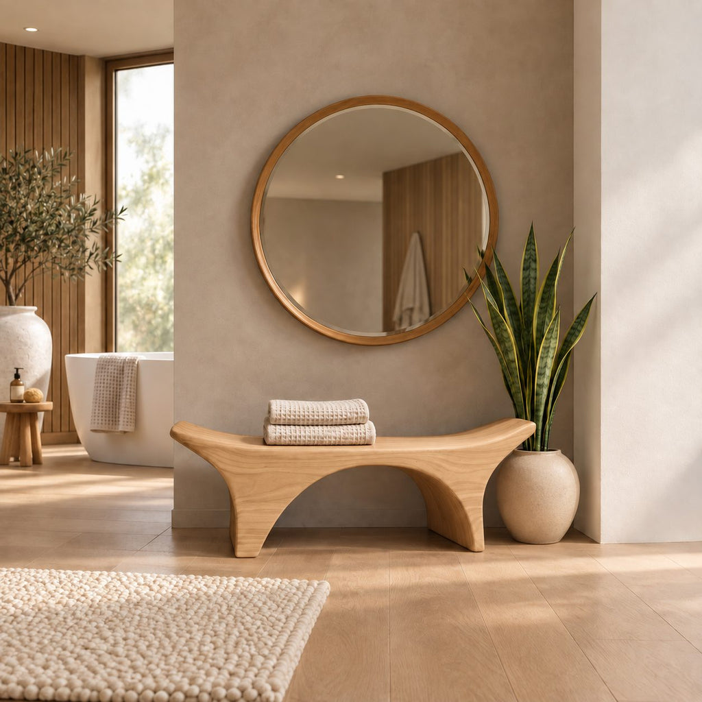 Curved Saddle Top Spa Bench, Solid Wood Bathroom and Shower Seat with Arched Base