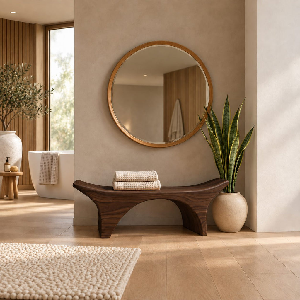 Curved Saddle Top Spa Bench, Solid Wood Bathroom and Shower Seat with Arched Base