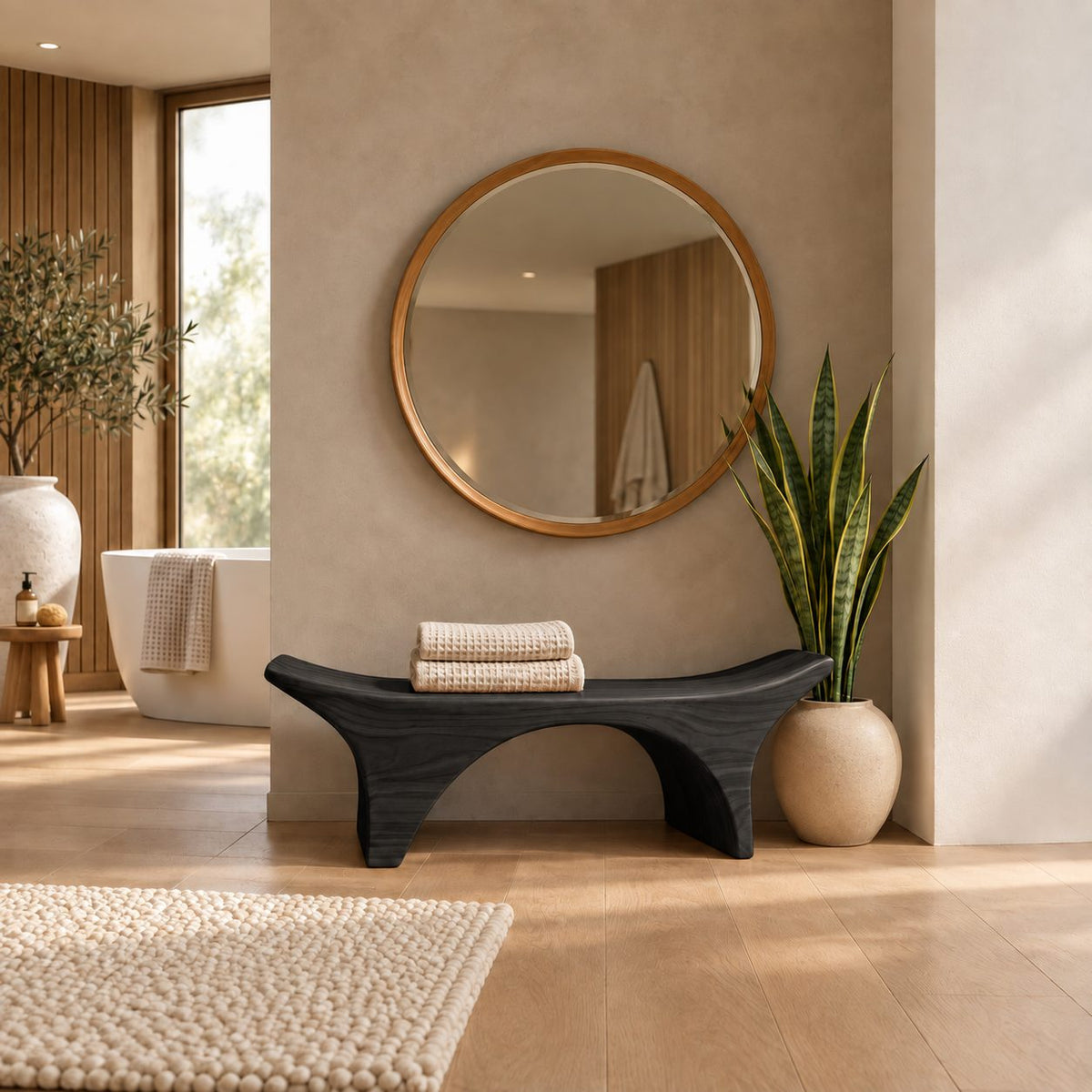Curved Saddle Top Spa Bench, Solid Wood Bathroom and Shower Seat with Arched Base