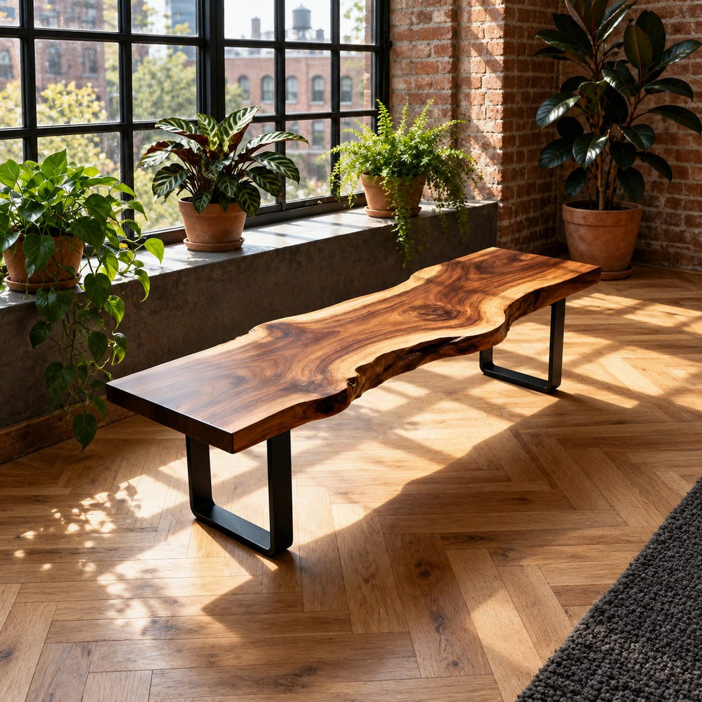 Live Edge Slab Bench on U Shaped Legs, Modern Solid Wood Dining Room and Entryway Bench