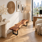Live Edge Slab Bench on U Shaped Legs, Modern Solid Wood Dining Room and Entryway Bench