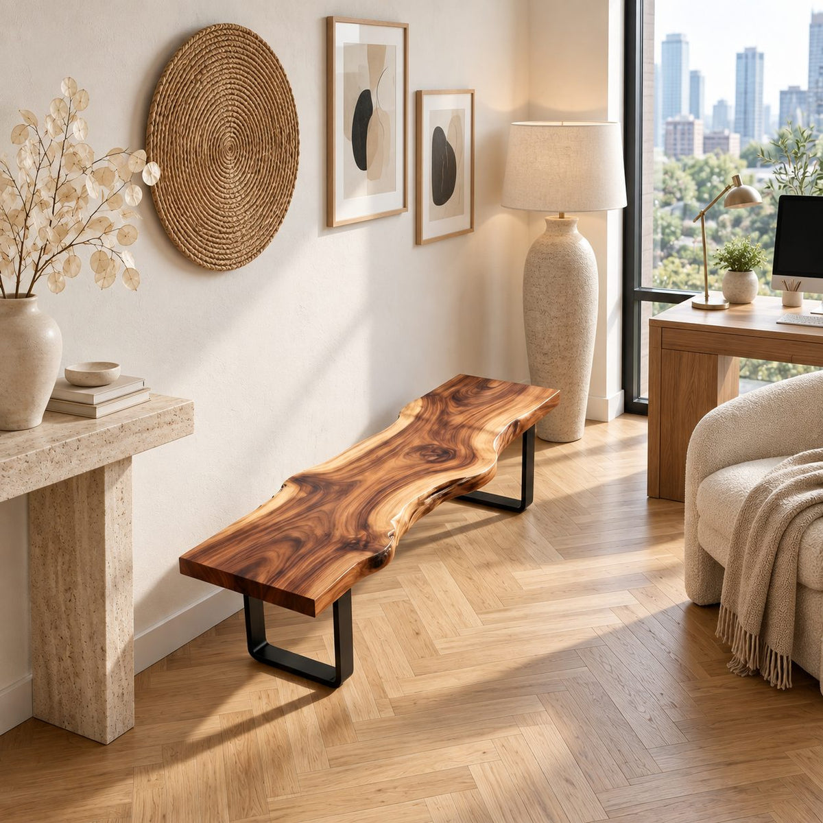 Live Edge Slab Bench on U Shaped Legs, Modern Solid Wood Dining Room and Entryway Bench