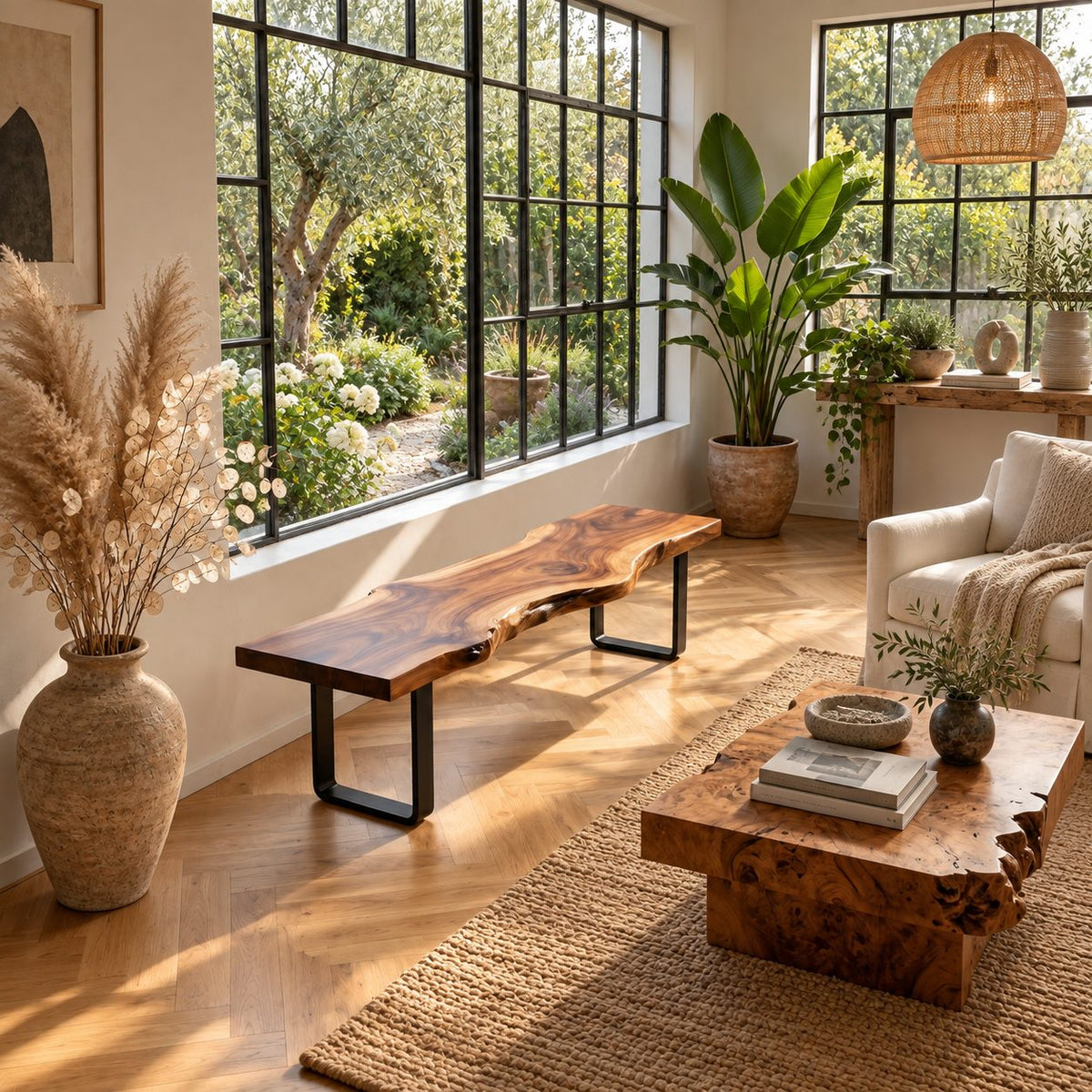 Live Edge Slab Bench on U Shaped Legs, Modern Solid Wood Dining Room and Entryway Bench