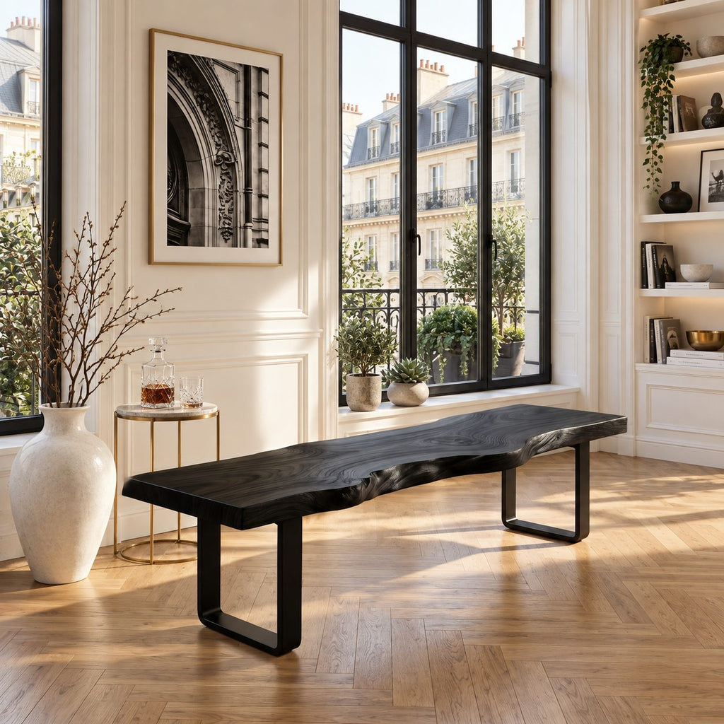 Live Edge Slab Bench on U Shaped Legs, Modern Solid Wood Dining Room and Entryway Bench