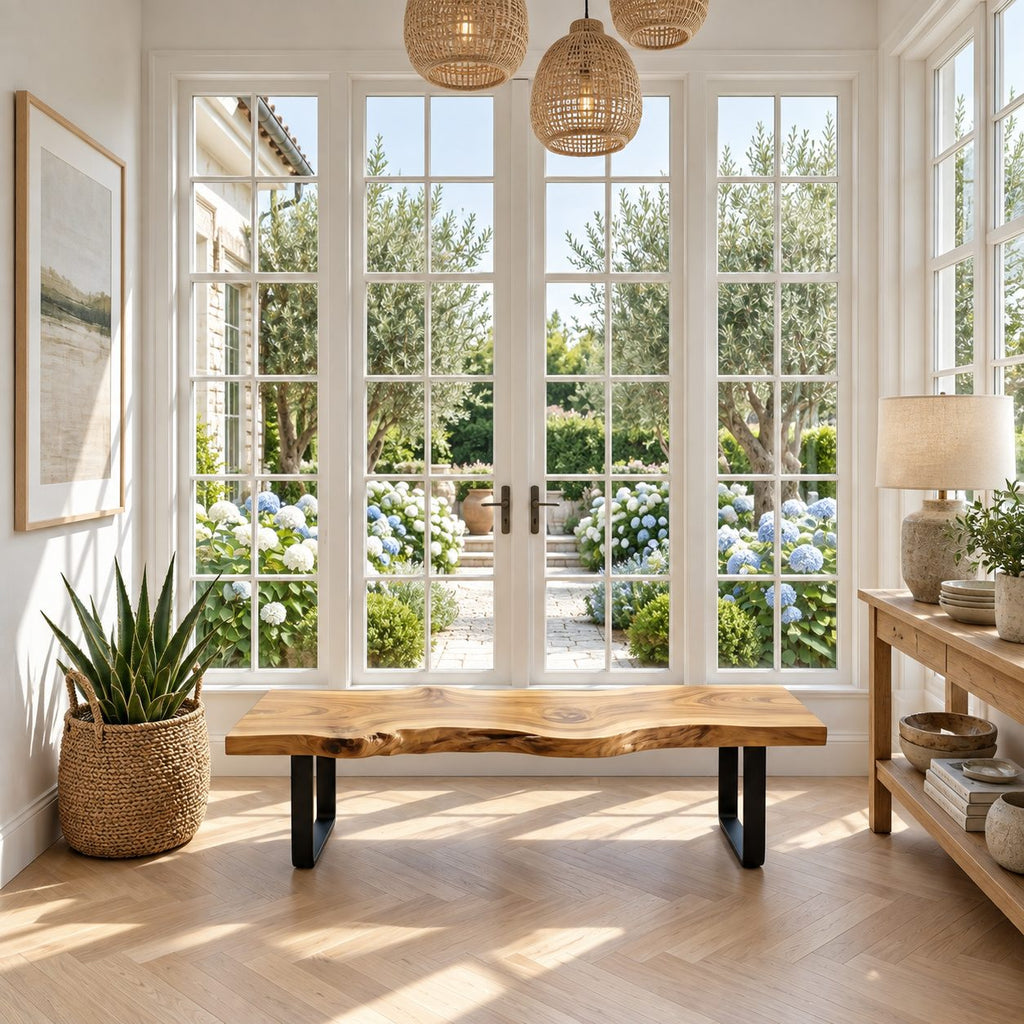 Live Edge Slab Bench on U Shaped Legs, Modern Solid Wood Dining Room and Entryway Bench