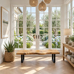 Live Edge Slab Bench on U Shaped Legs, Modern Solid Wood Dining Room and Entryway Bench