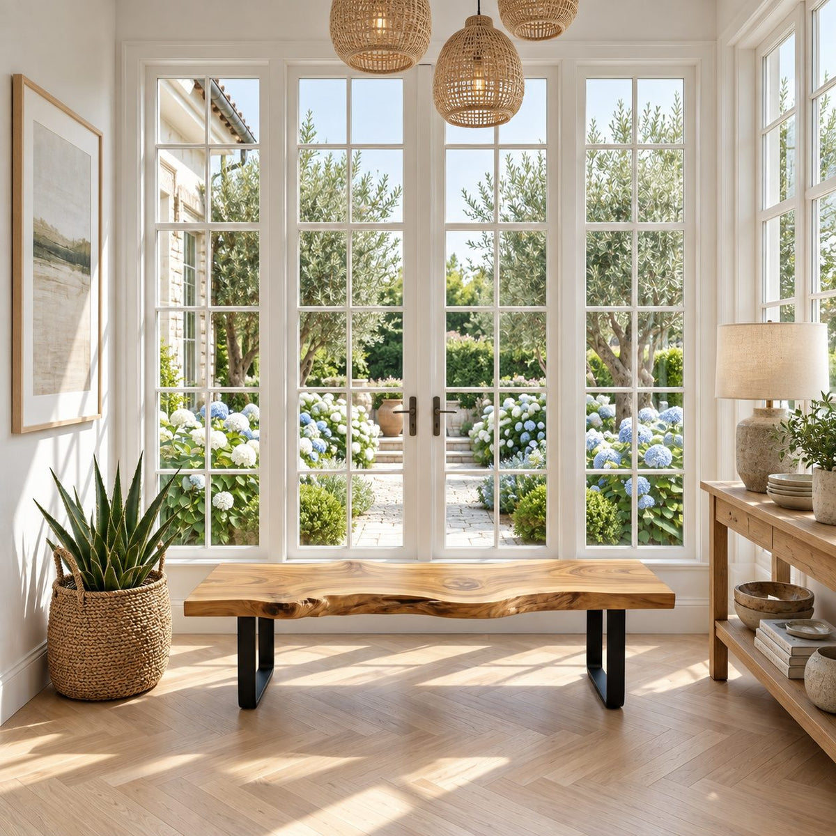 Live Edge Slab Bench on U Shaped Legs, Modern Solid Wood Dining Room and Entryway Bench