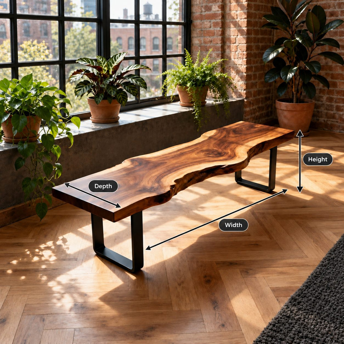 Live Edge Slab Bench on U Shaped Legs, Modern Solid Wood Dining Room and Entryway Bench