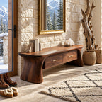 Flared Pedestal End Storage Bench, Two Drawer Solid Wood Entryway and Mudroom Bench