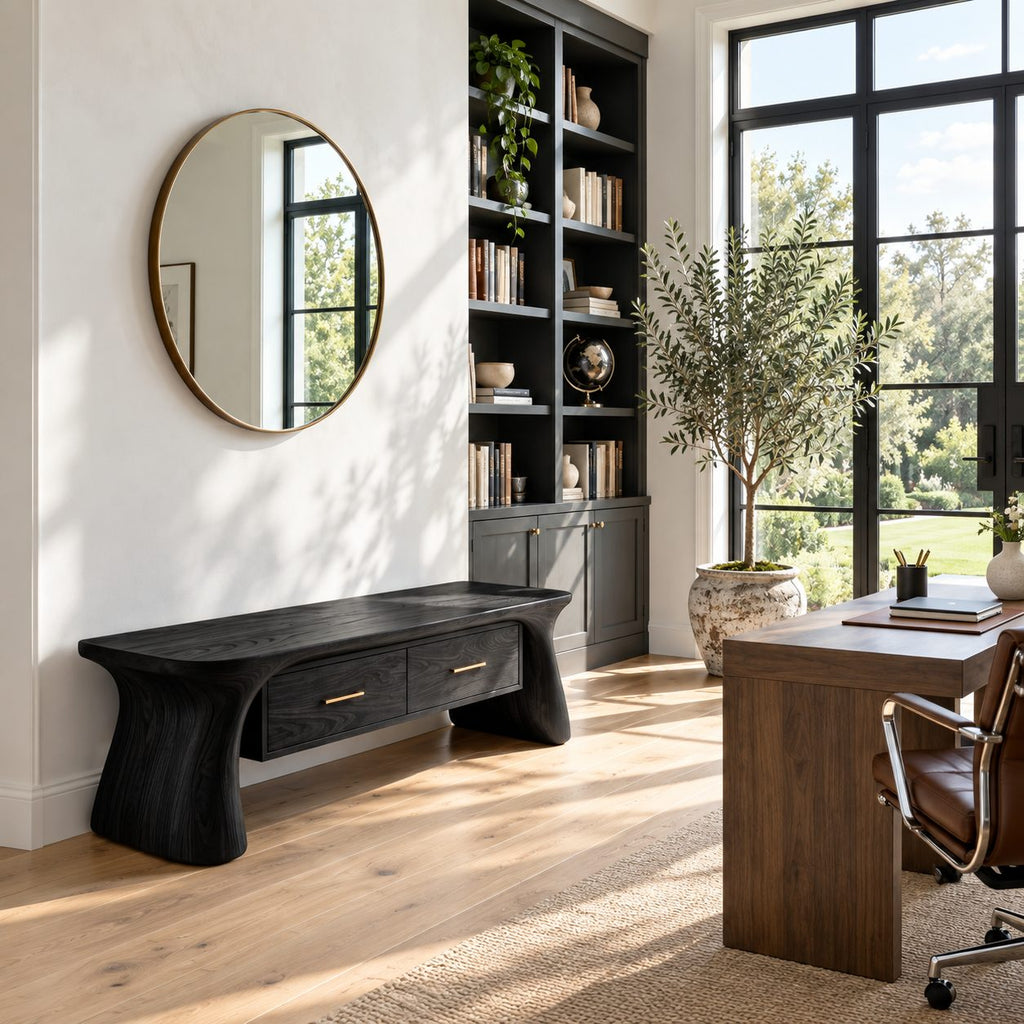 Flared Pedestal End Storage Bench, Two Drawer Solid Wood Entryway and Mudroom Bench