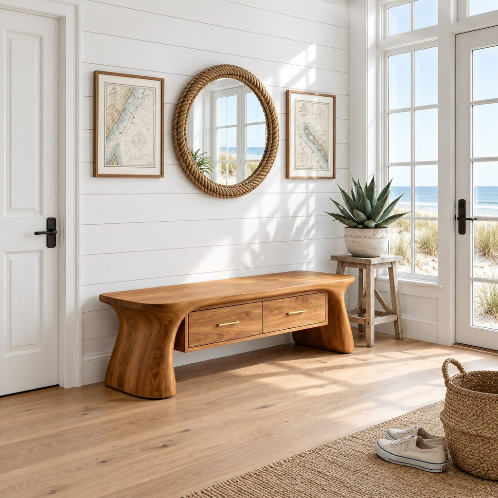 Flared Pedestal End Storage Bench, Two Drawer Solid Wood Entryway and Mudroom Bench