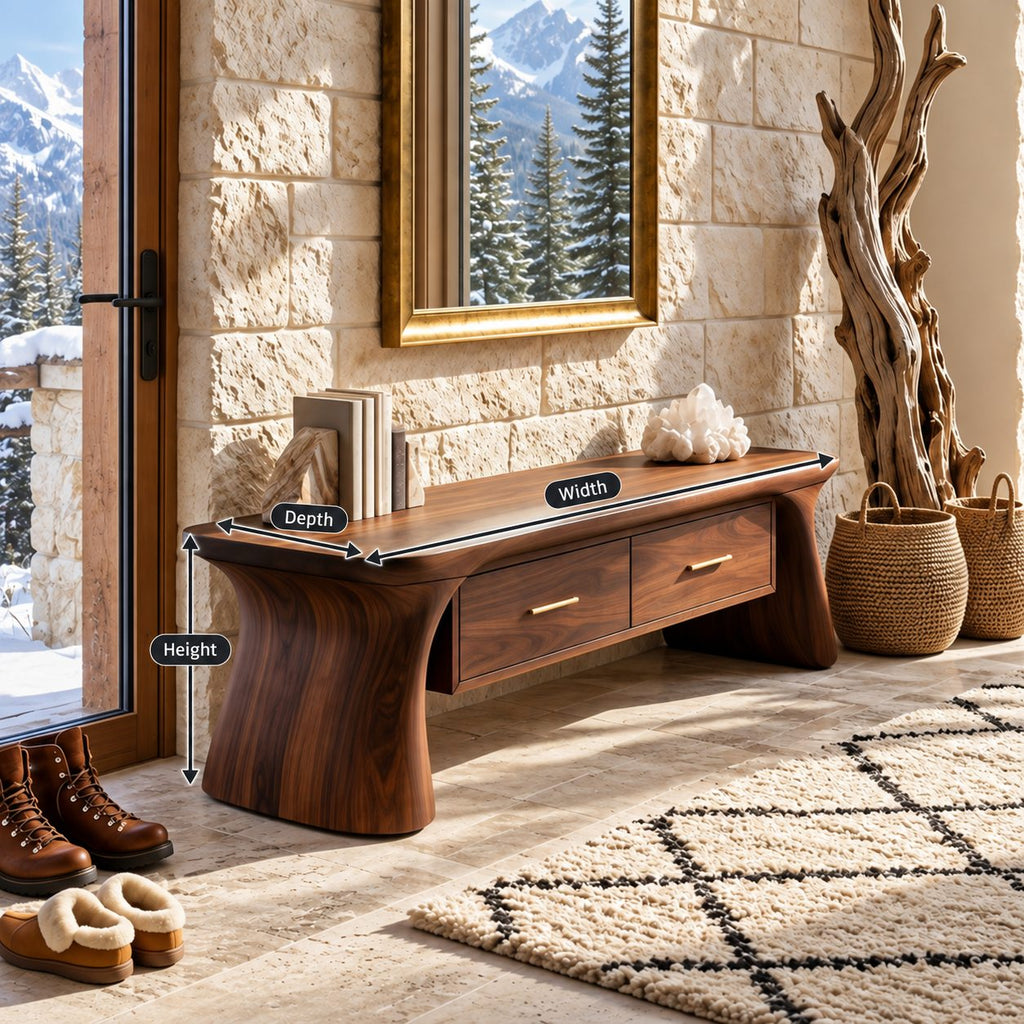 Flared Pedestal End Storage Bench, Two Drawer Solid Wood Entryway and Mudroom Bench