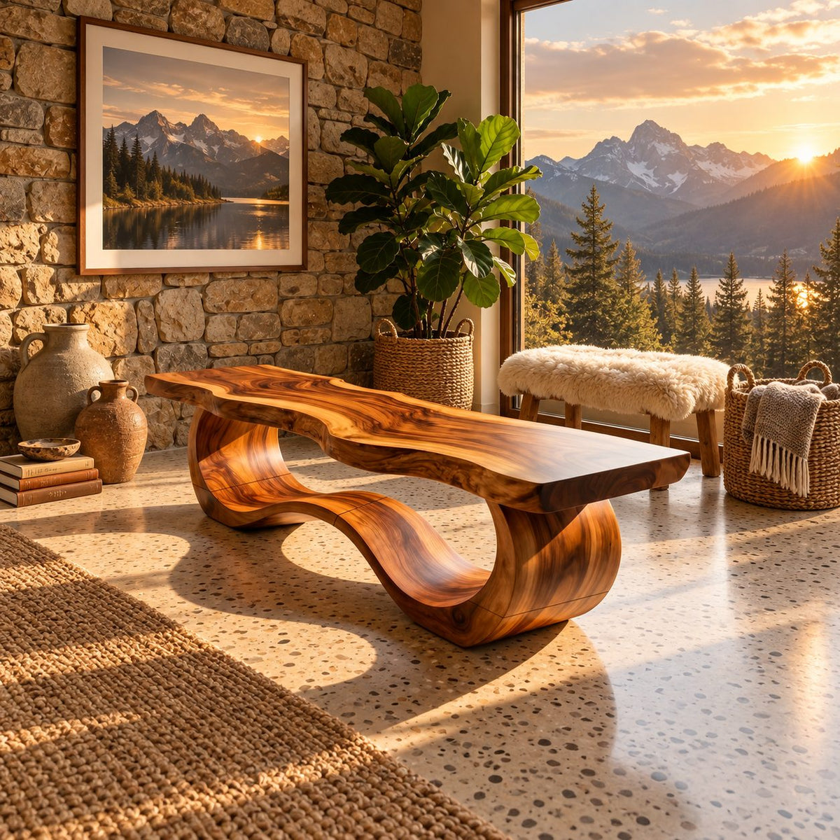 Wave Base Live Edge Bench, Sculptural Solid Wood Dining and Entryway Bench with Undulating Curves